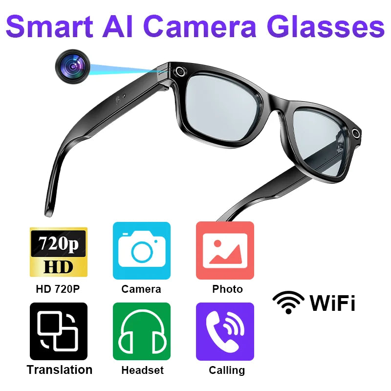 AI Smart Glasses with Camera Sunglasses Mini Camera Video Recorder Wireless Bluetooth Call Anti-Blue Glasses for Man Women